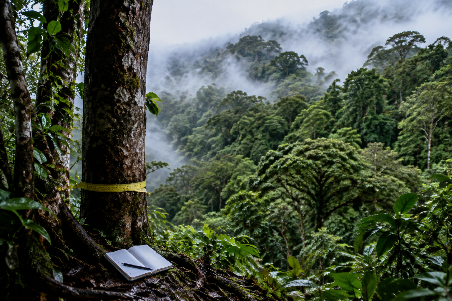 An intact tropical forest is shown with a measurement tape around one tree and a field notebook nearby.