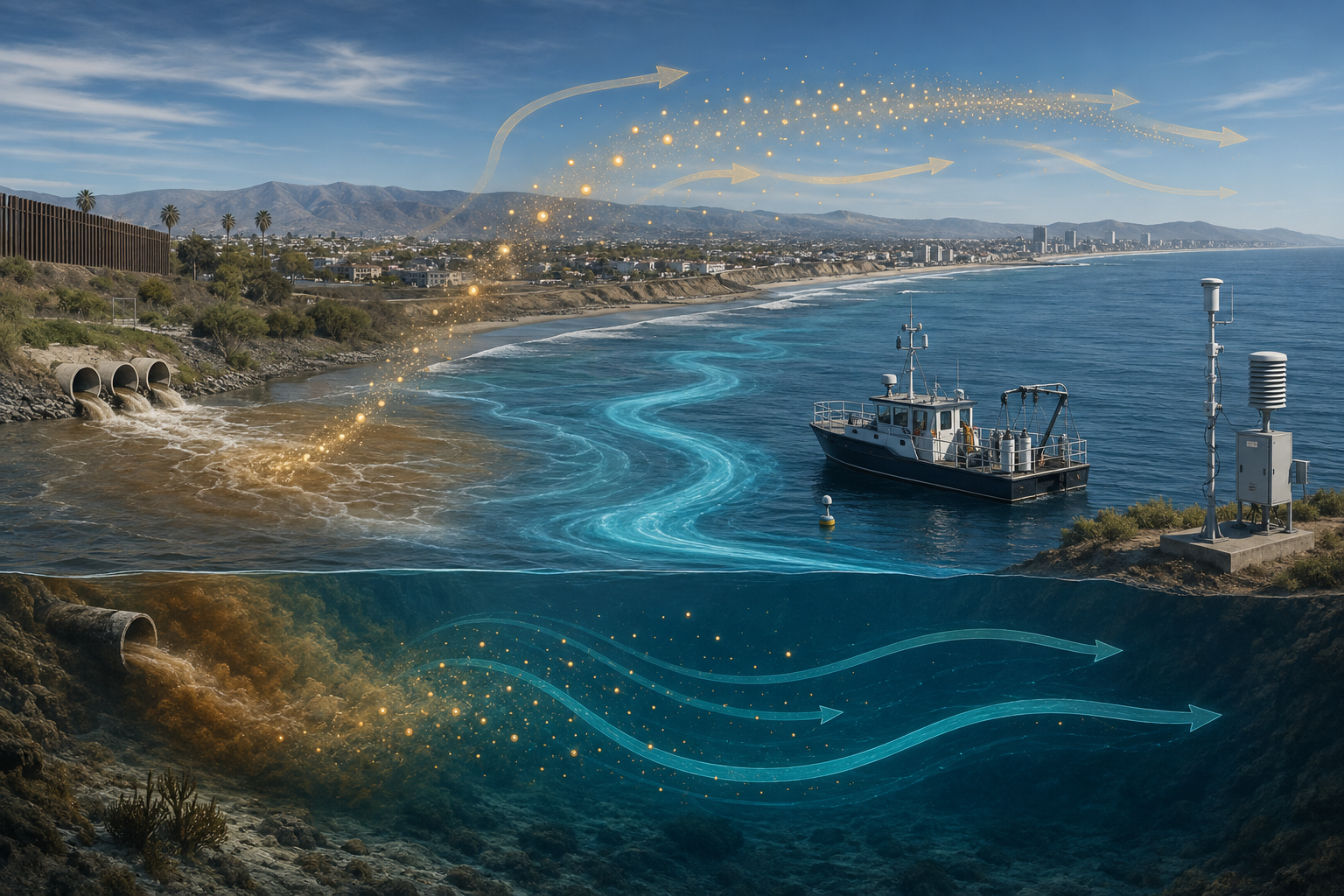 A coastal scientific illustration traces wastewater-associated compounds moving north through currents and then into marine air.