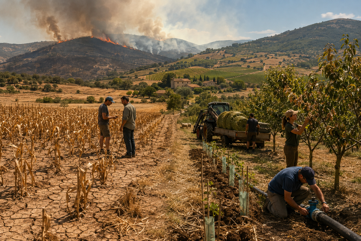 Farmers and advisers assess drought-stressed French fields while recovery work begins in the foreground.
