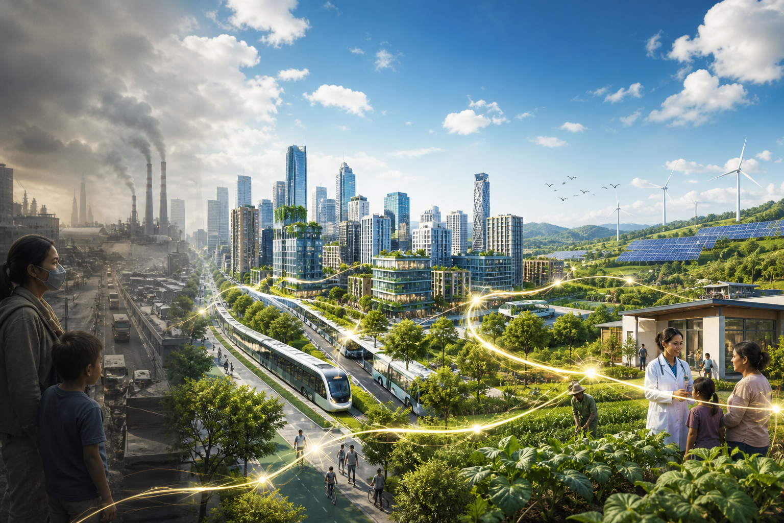 An editorial transition from a polluted city to clean transport, renewable power, healthy communities, and productive farms.