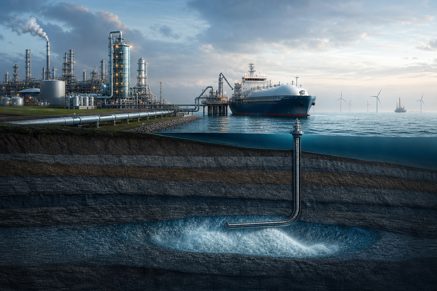 An industrial carbon-capture chain connects a fertilizer plant, a ship, and geological storage beneath the North Sea.