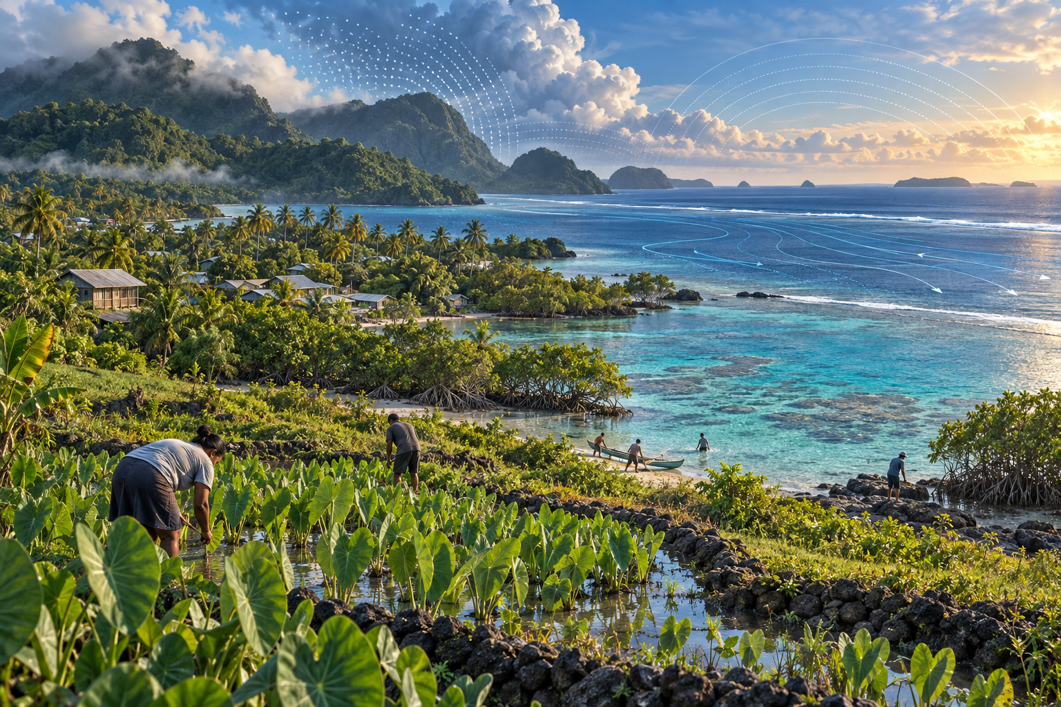 Conceptual editorial illustration of an island community using ocean conditions and early-warning information for local preparedness.