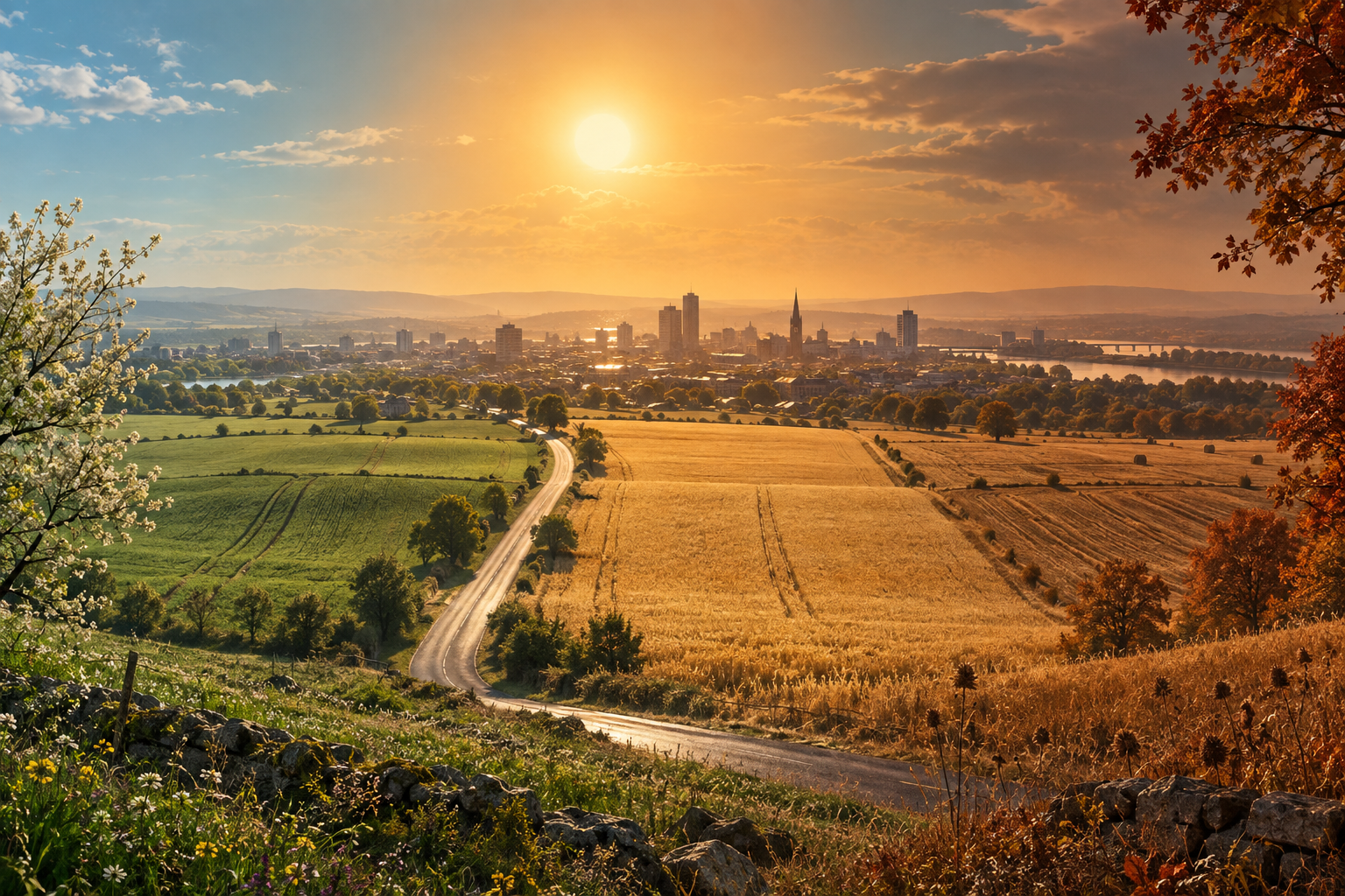 Editorial illustration of spring, summer, and autumn blending into a longer period of intense heat.