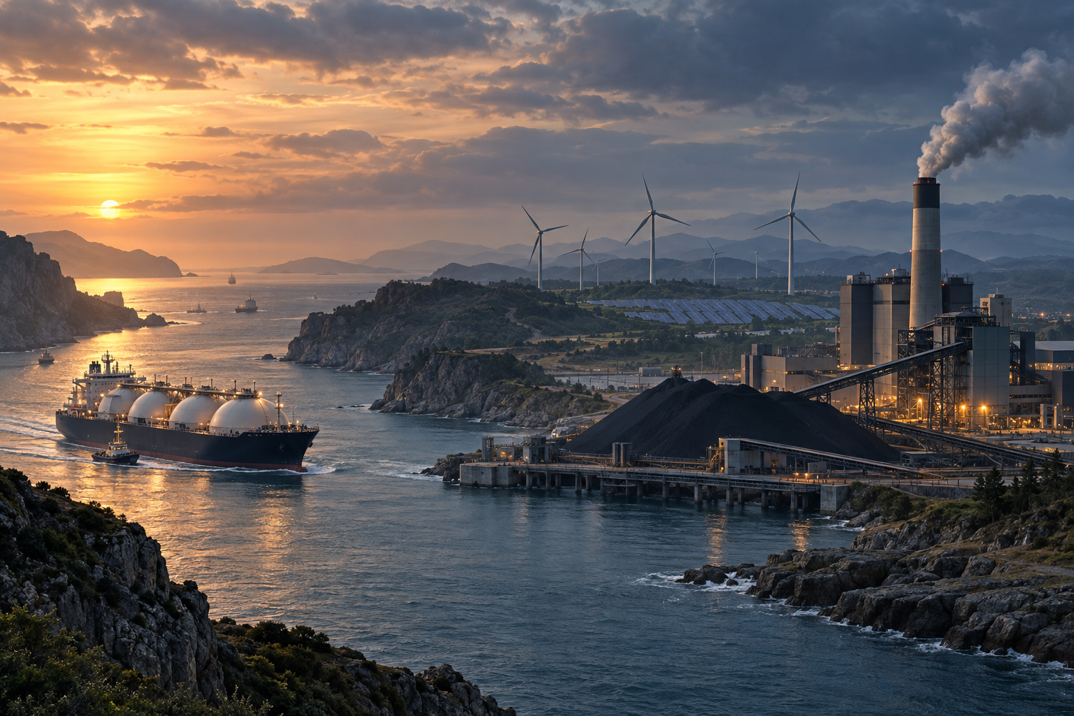Conceptual editorial illustration of disrupted LNG shipping and elevated gas prices shifting power generation toward coal.
