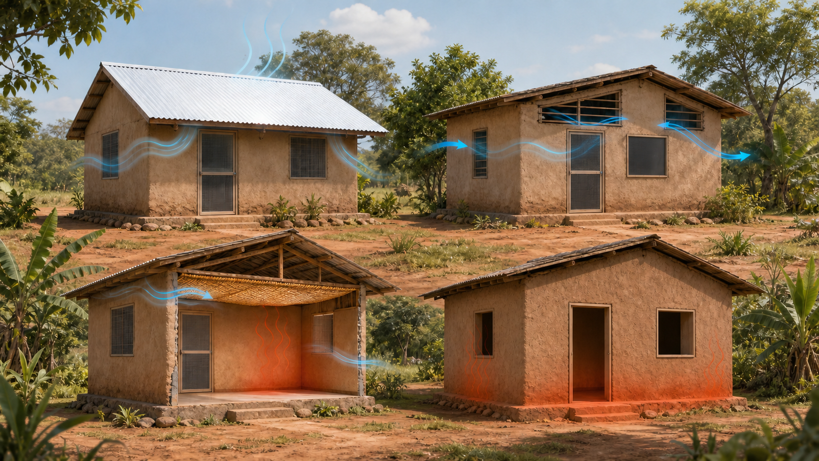 Four generic rural house models compare cool-roof, cross-ventilation, mat-ceiling, and unmodified-control arms, with mesh visible on the three intervention homes only.