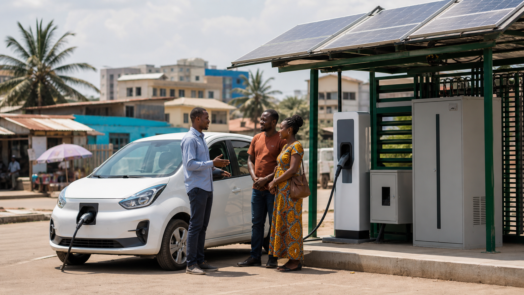 Drivers discuss a compact electric car at a modest solar-powered charging site in an African city.