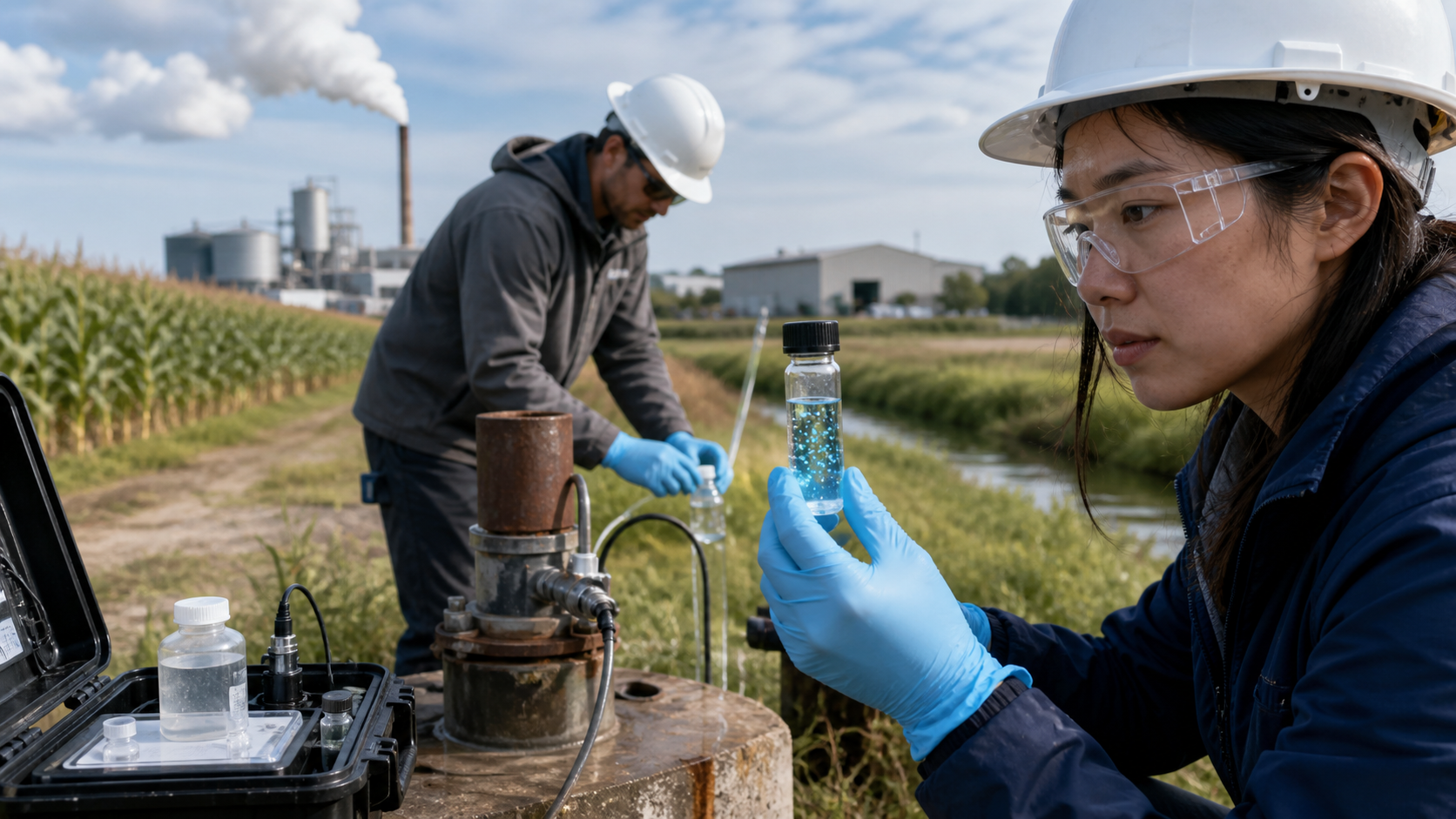 Field scientists sample a groundwater monitoring well near farmland and light industry while nanoscale fluorescence appears only inside a clear vial.