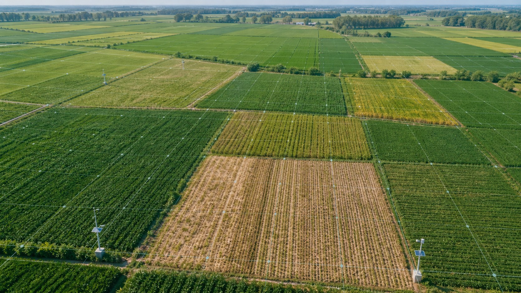 Aerial farmland shows healthy and moisture-stressed crop blocks during the growing season, overlaid by a sensor-linked observation grid.