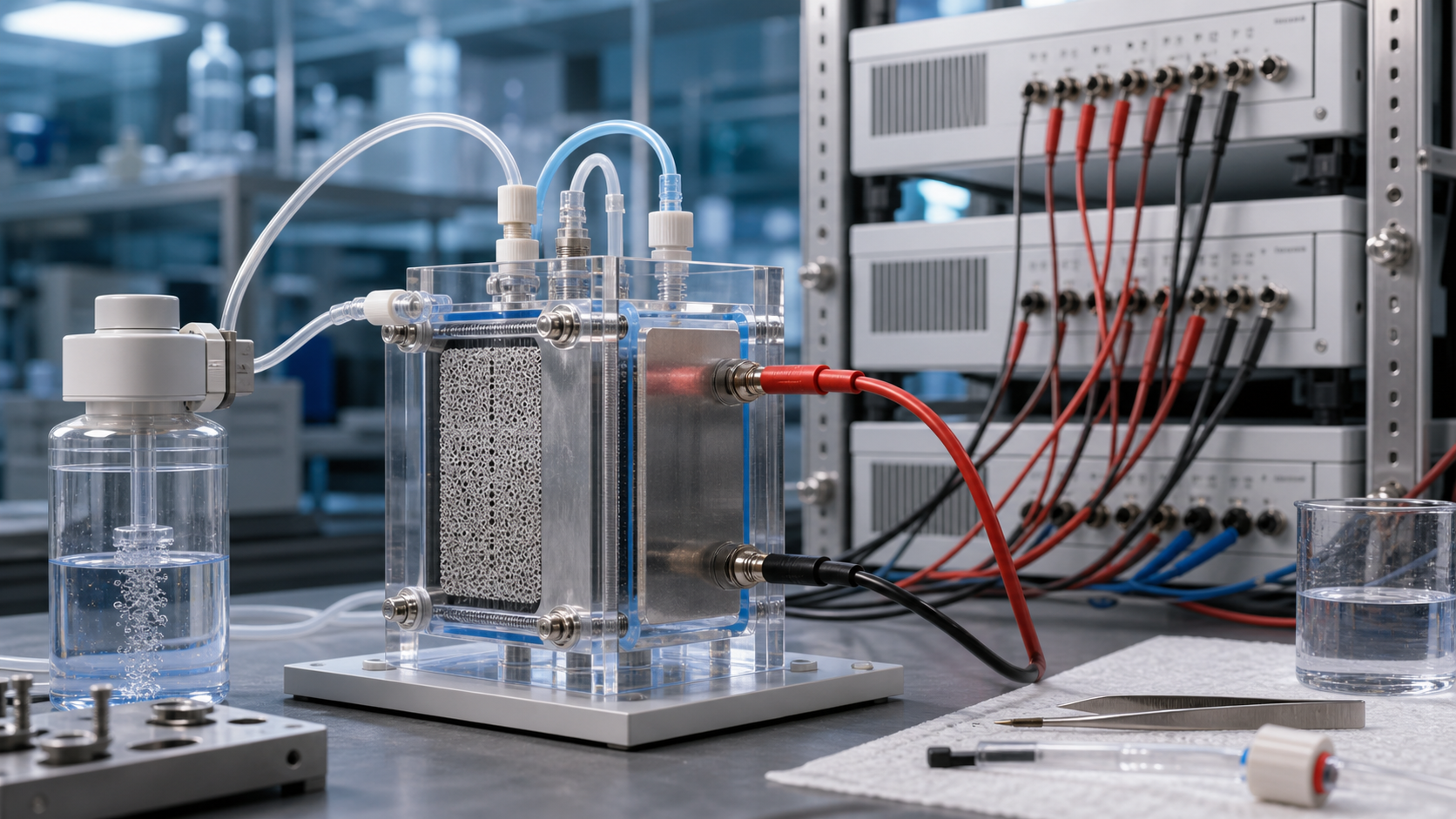 An experimental zinc-air cell with a porous air electrode cycles on a laboratory test bench connected to long-duration measurement equipment.