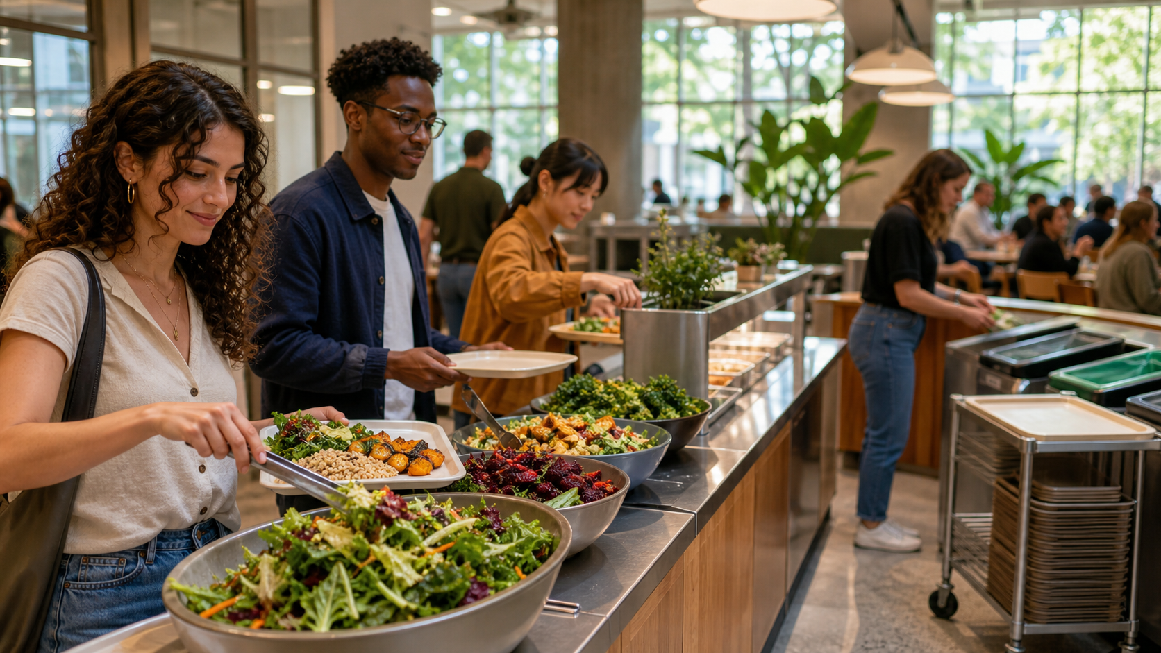 Diners choose colorful plant-rich meals placed first in a bright institutional cafeteria, with reusable trays and waste sorting nearby.