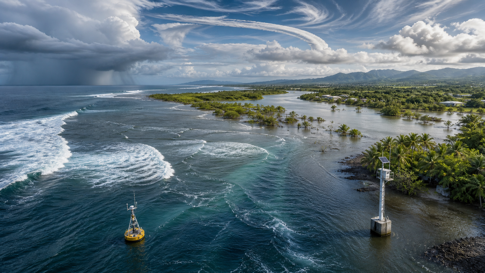 High water reaches a tropical Pacific estuary while offshore wave patterns, a monitoring buoy, a tide gauge, and converging weather systems frame the coast.