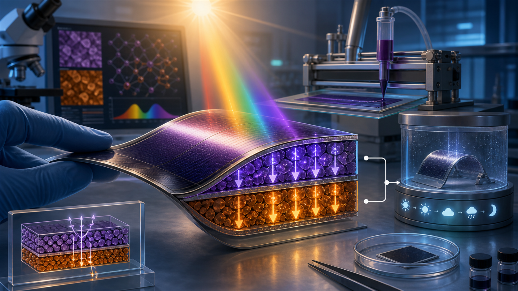 A gloved hand bends a small tandem solar device while a laboratory cutaway shows its perovskite and CIGS layers.