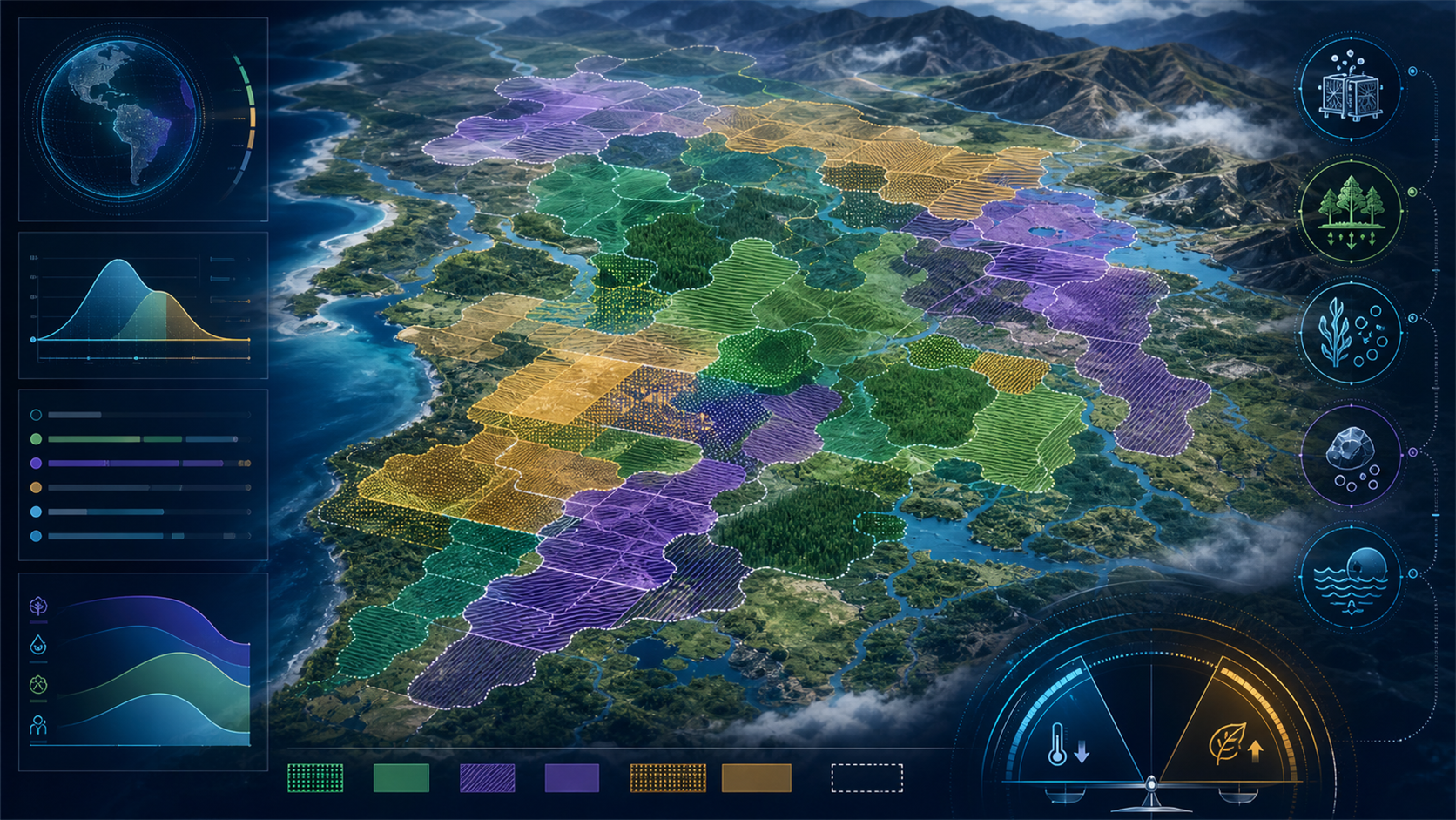 A modeled landscape map layers climate refuges, restoration, forestation, and bioenergy footprints with both benefits and land conflicts.