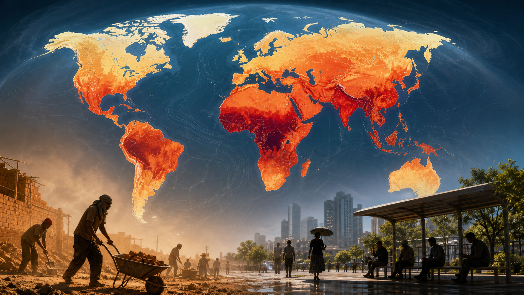 A global heat-stress map hangs over contrasting outdoor work and shaded urban cooling access.