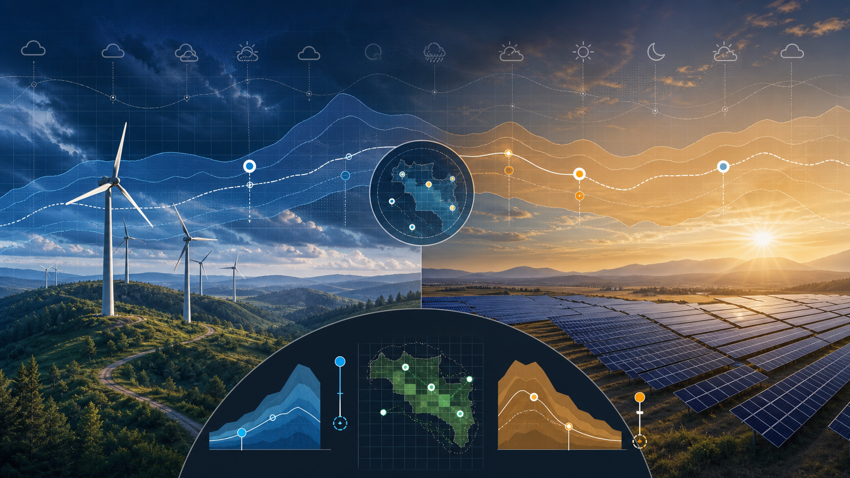Wind and solar landscapes sit beneath hourly weather lines and broad uncertainty bands in an energy-planning illustration.