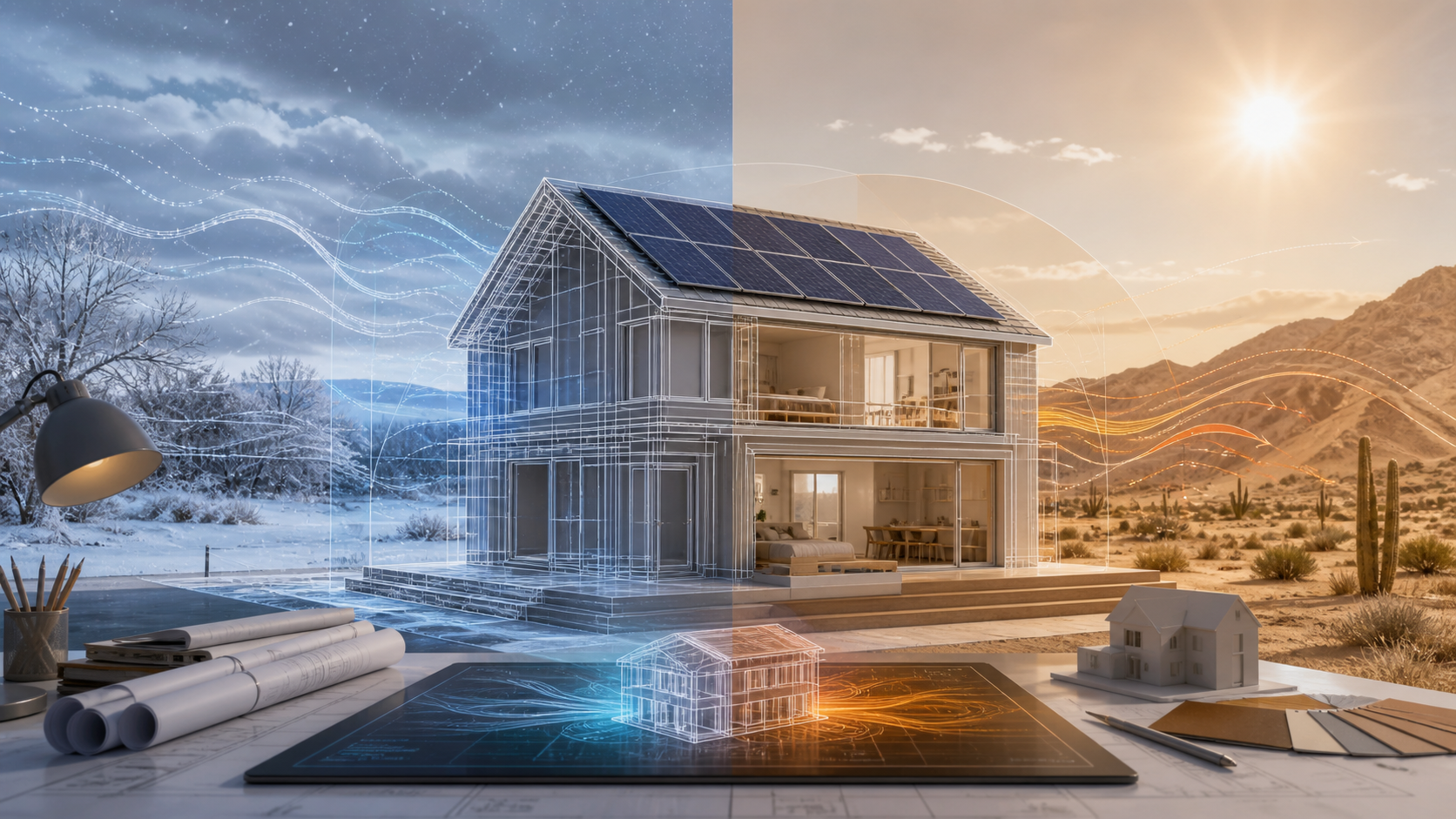 A prototype solar home shown as an architectural energy model between contrasting winter and hot-weather design conditions.