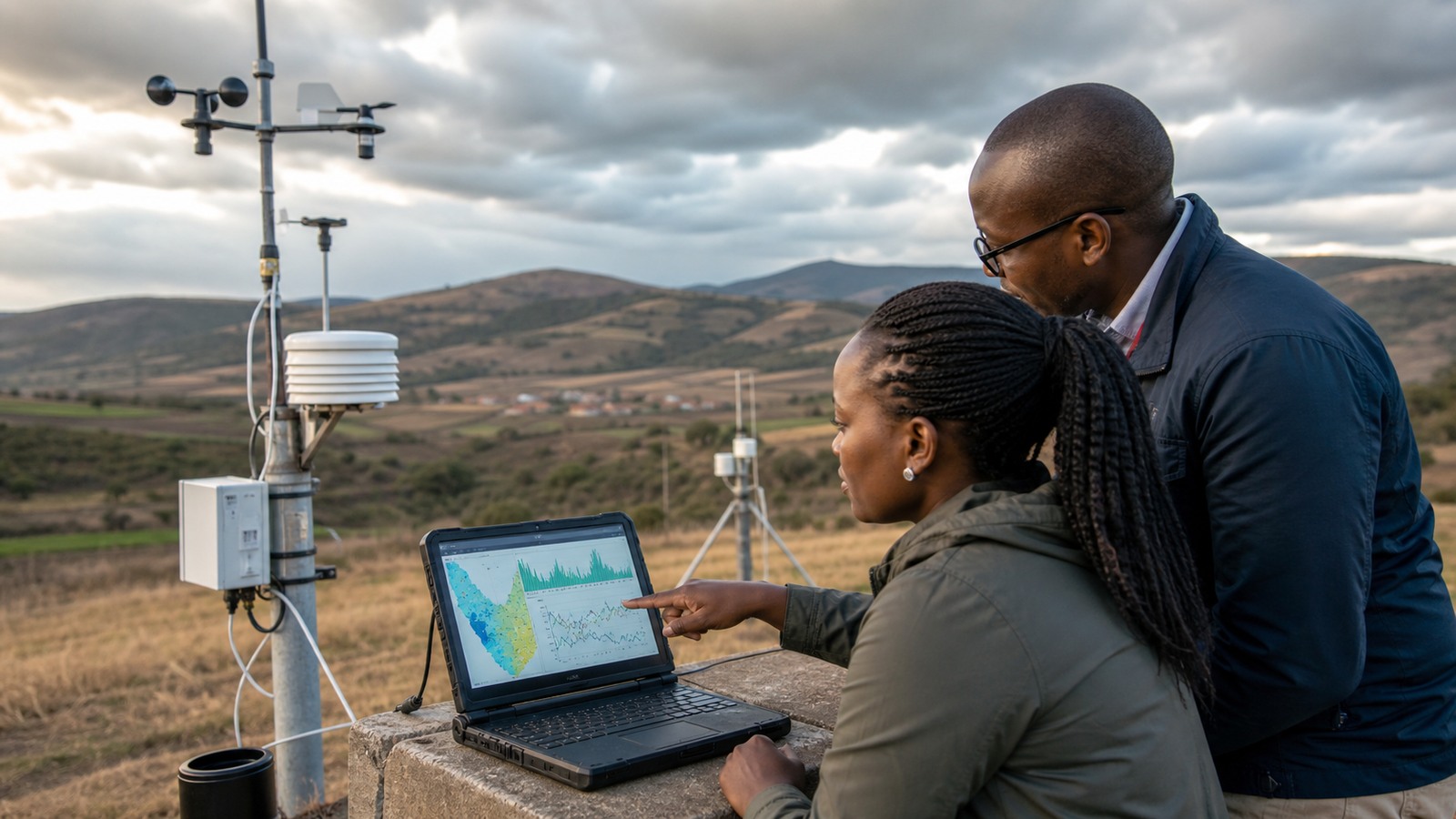 Two researchers review drought indicators beside weather instruments overlooking fields in rural South Africa.