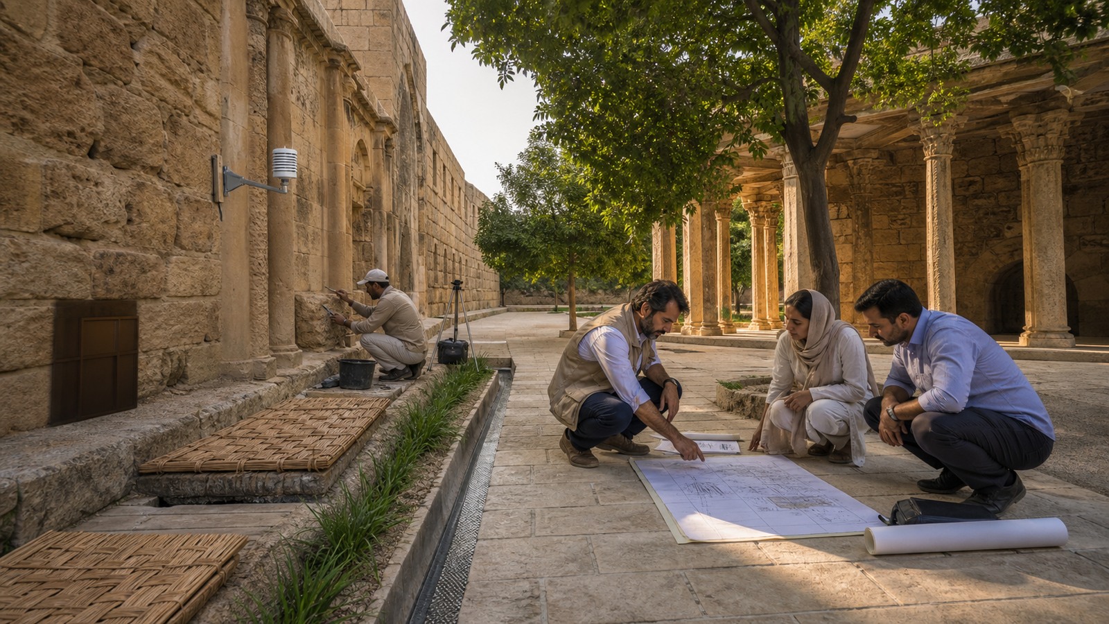 Conservators and local planners inspect sensors, drainage, and restoration plans at a historic stone complex.