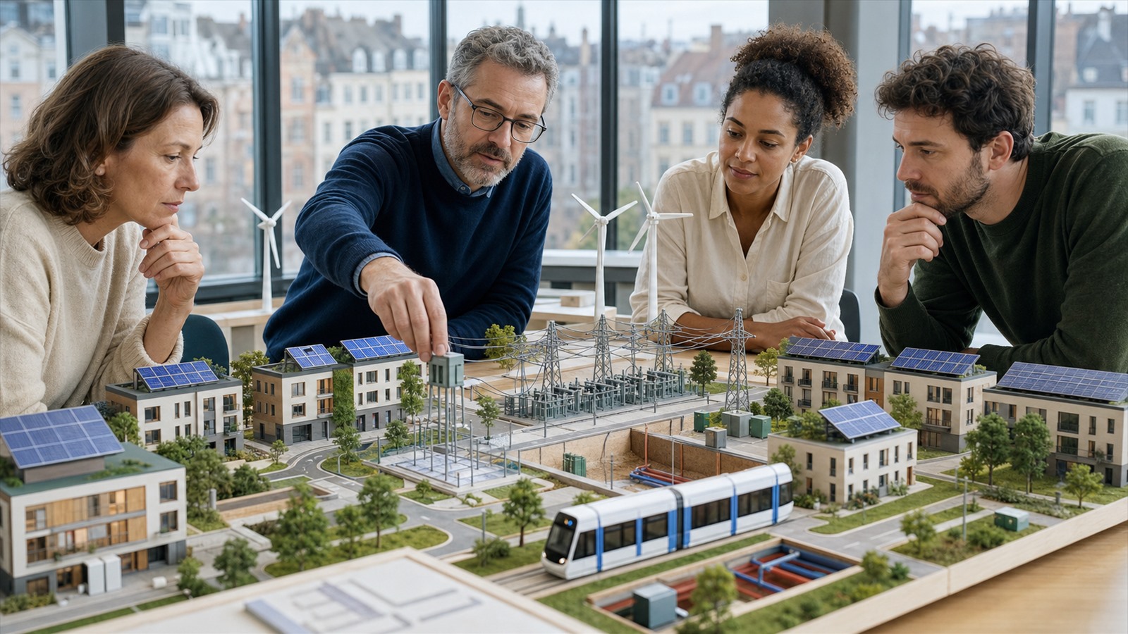 Grid workers upgrade a substation serving a European neighborhood with rooftop solar, heat pumps, and electric transit.