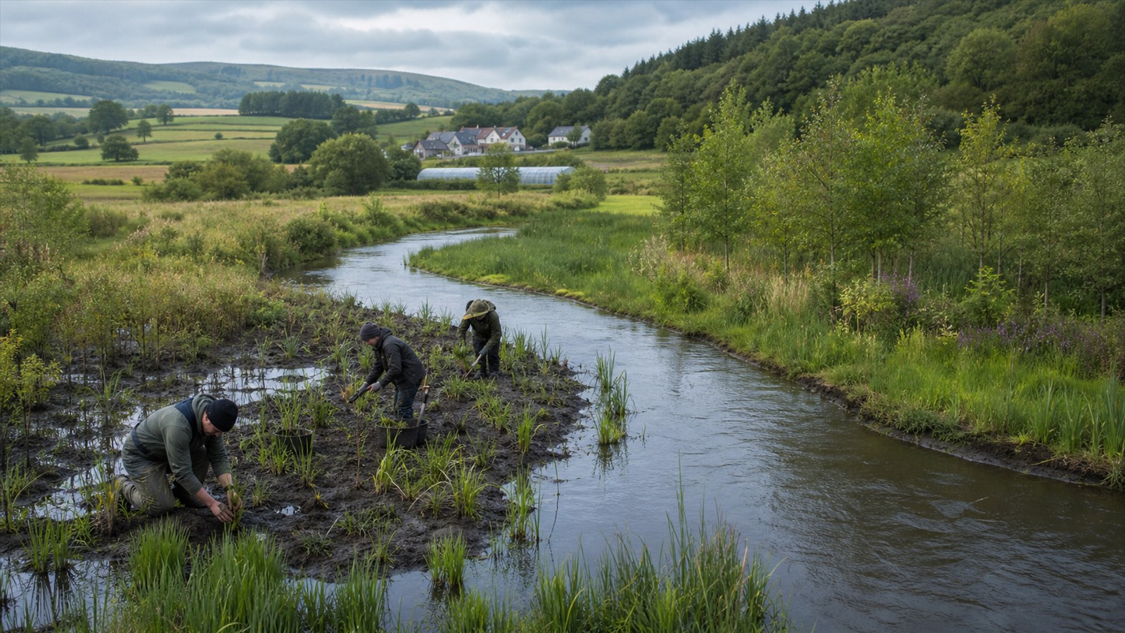 Conservation workers tend native plants beside a recovering river and wetland corridor.