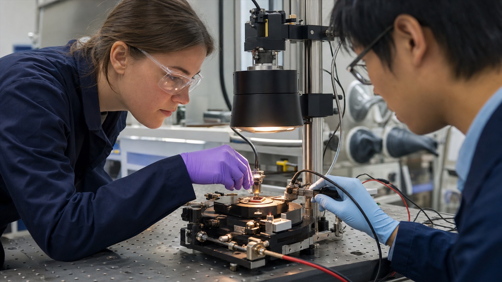 A researcher measures a small perovskite solar cell under a calibrated laboratory solar simulator.