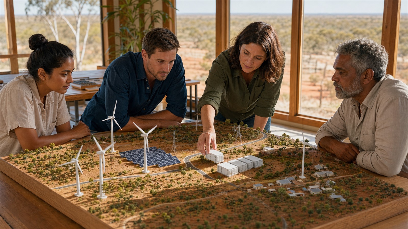 Energy planners review an unbuilt wind, solar, and battery portfolio model beside a view of Western Australia's landscape.