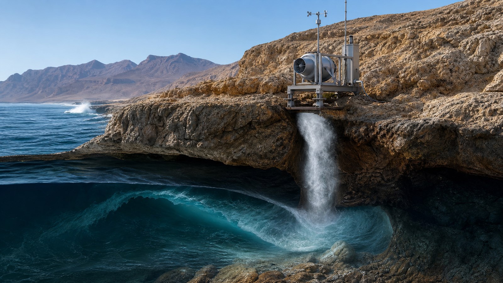 Ocean swell drives air and spray through a natural coastal blowhole beneath a small conceptual turbine and sensor assembly on an arid coast.