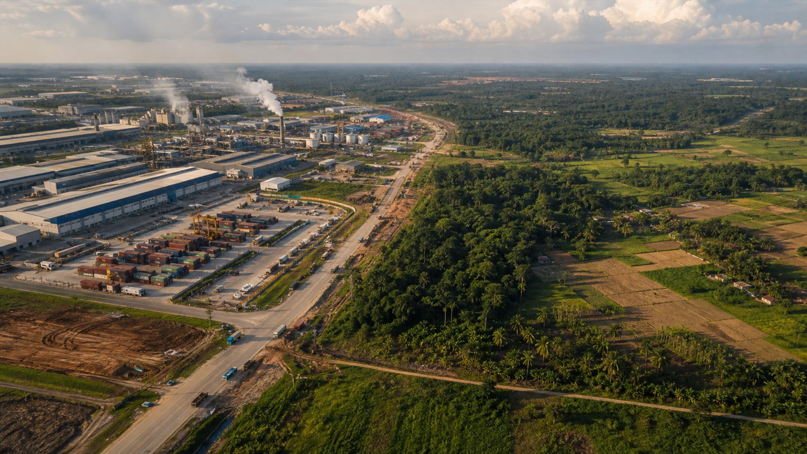 An industrial and logistics complex meets farms and a tropical forest edge in a representative African landscape.