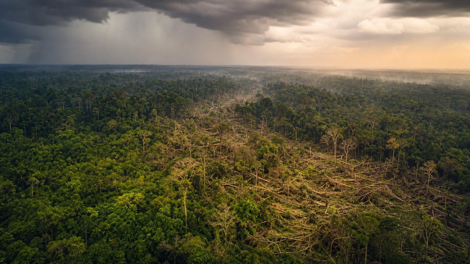 A storm-damaged corridor of windthrown trees cuts through otherwise intact Amazon forest beneath retreating rain clouds and a dry horizon.