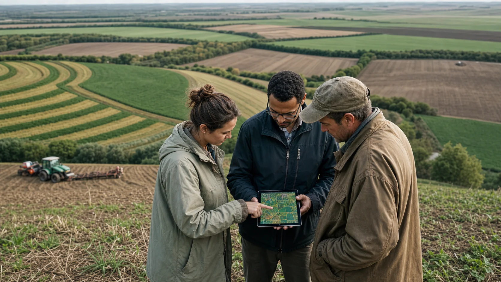 An agricultural researcher and farmer review cropland patterns on a tablet above a working landscape of contour strips, hedgerows, and fields.
