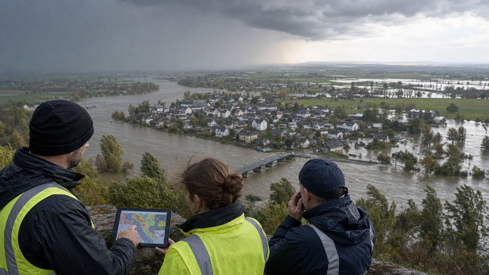 Emergency planners review a multi-hazard map from above a flooded European river town under rain and strong wind.