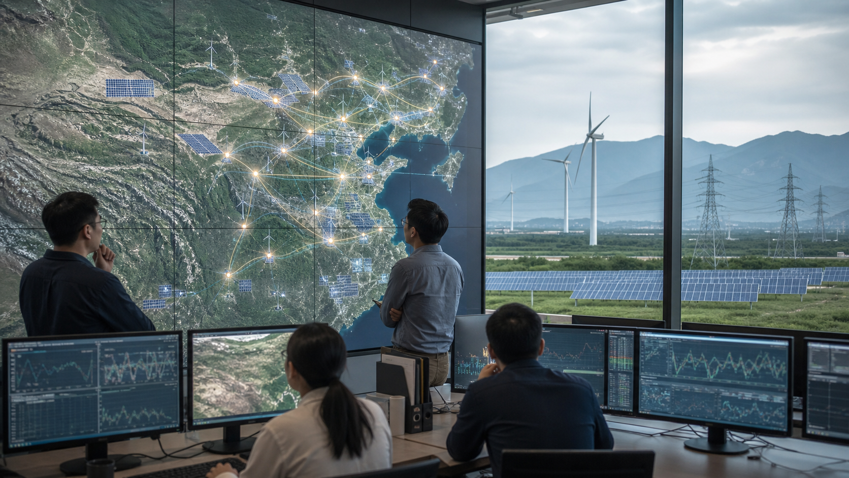 Grid analysts review a satellite-scale solar and wind network across China with real power infrastructure visible beyond the control room.