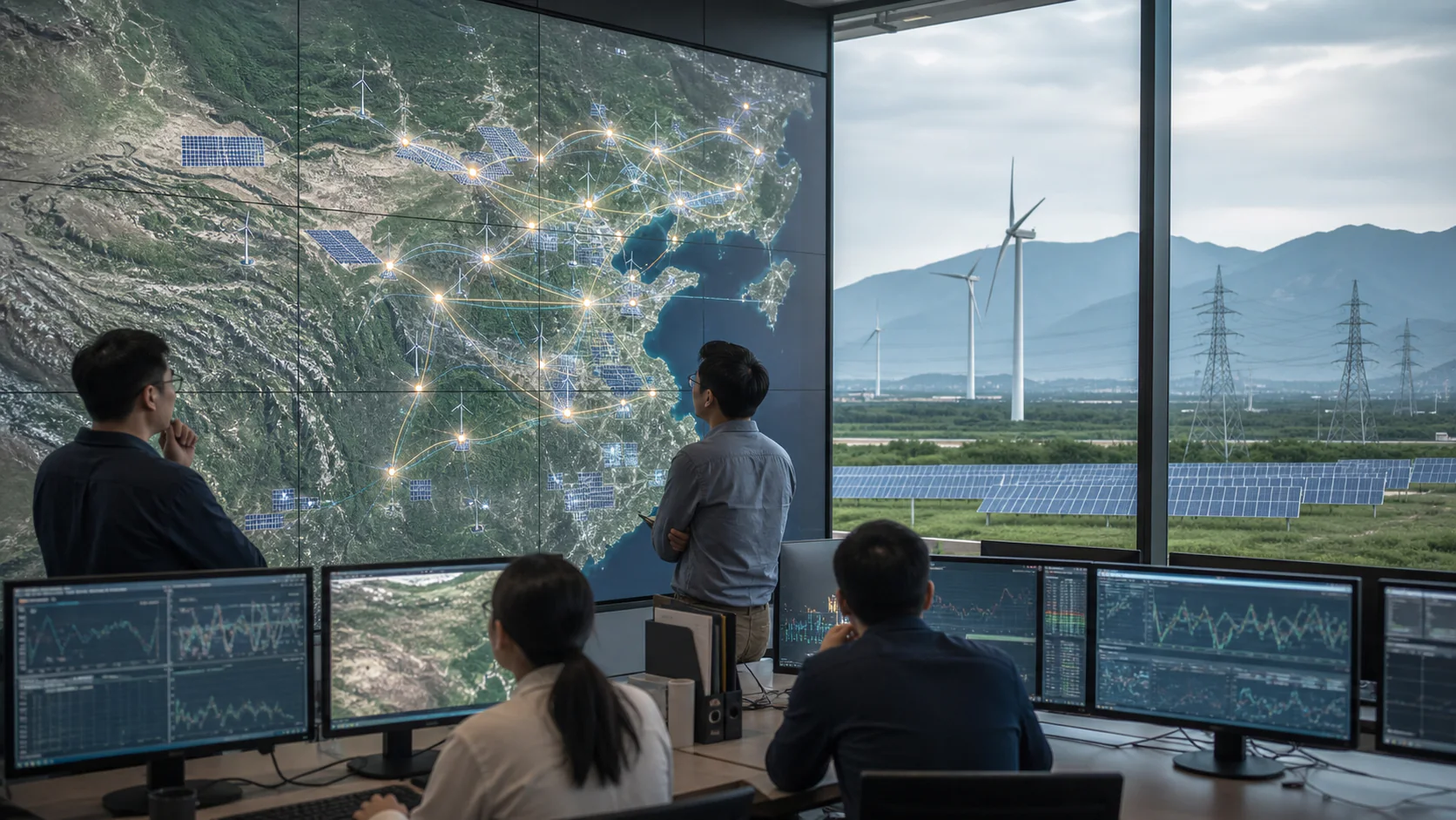 Grid analysts review a satellite-scale solar and wind network across China with real power infrastructure visible beyond the control room.