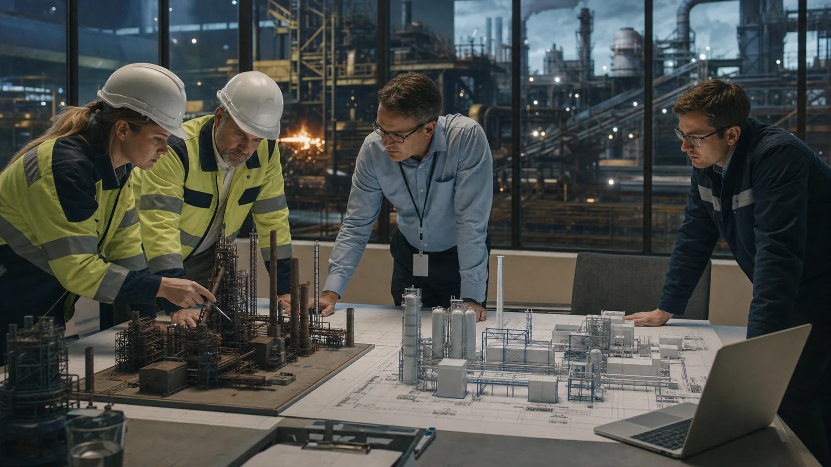 Steel engineers and finance planners compare physical models of conventional and hydrogen-ready steel routes beside an operating steelworks.