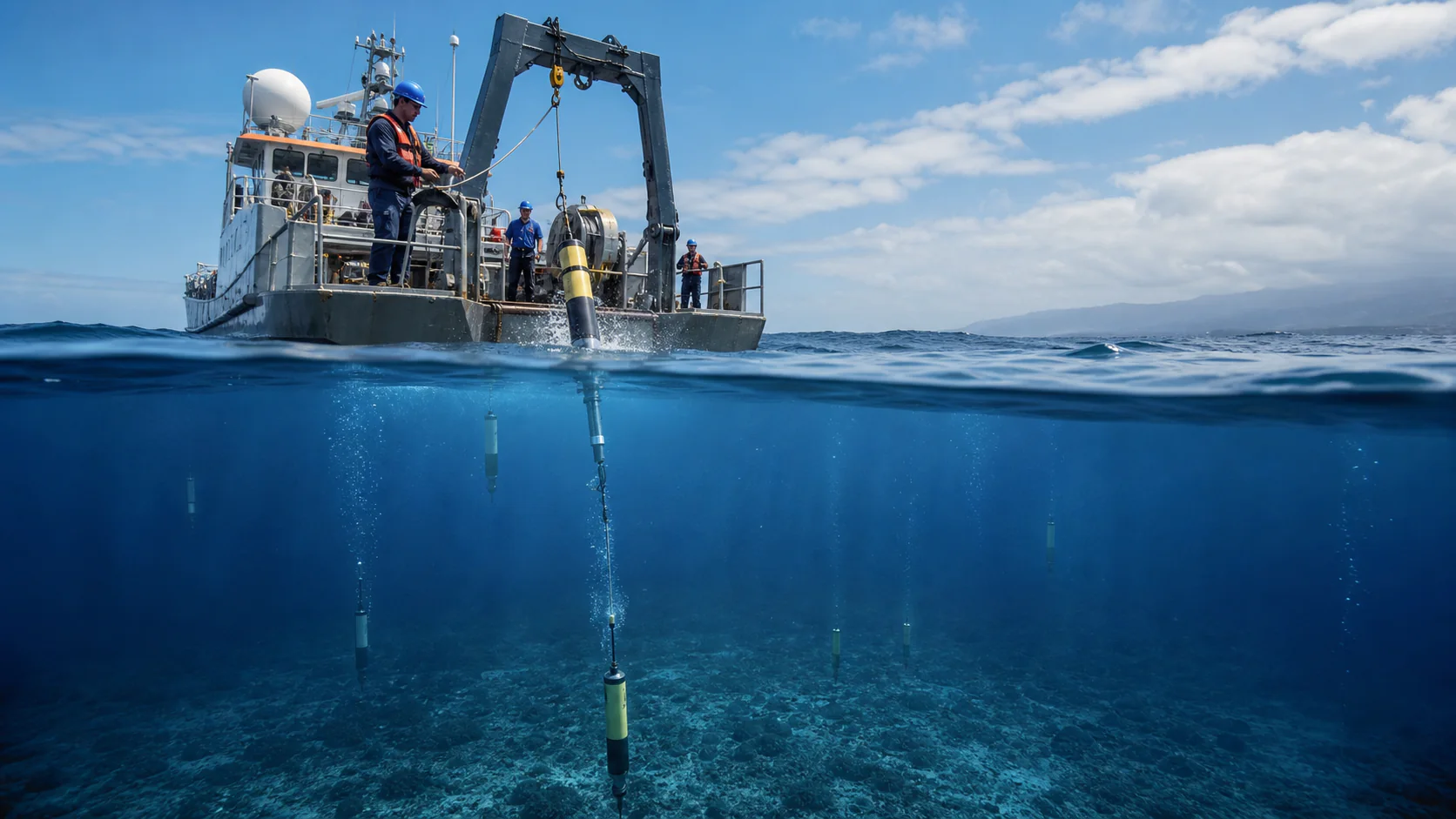 Ocean scientists deploy an autonomous profiling float from a research vessel as other instruments descend through the upper ocean.