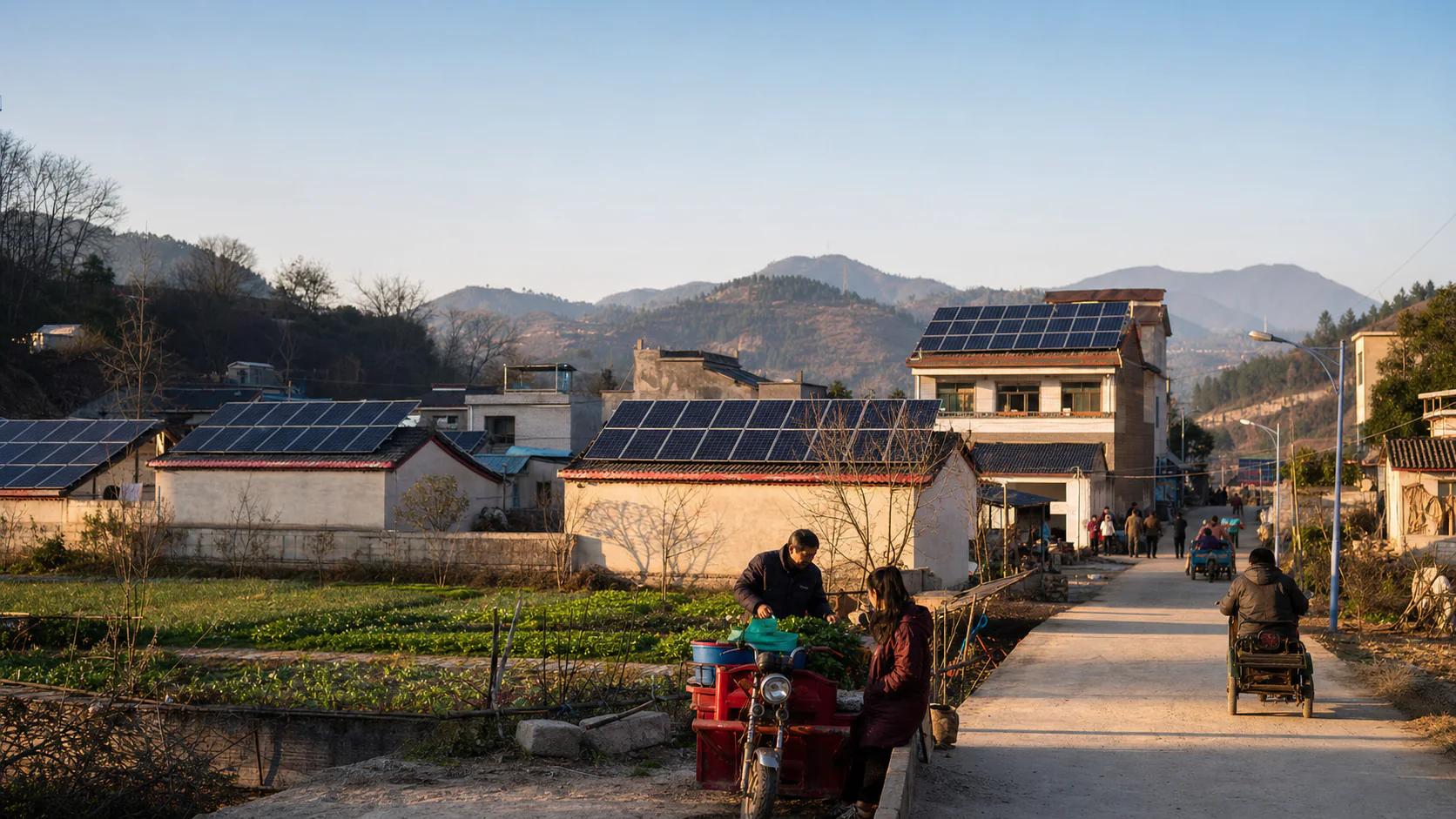 A rural Chinese community uses rooftop solar across homes and small buildings while residents work beside cultivated fields on a clear morning.