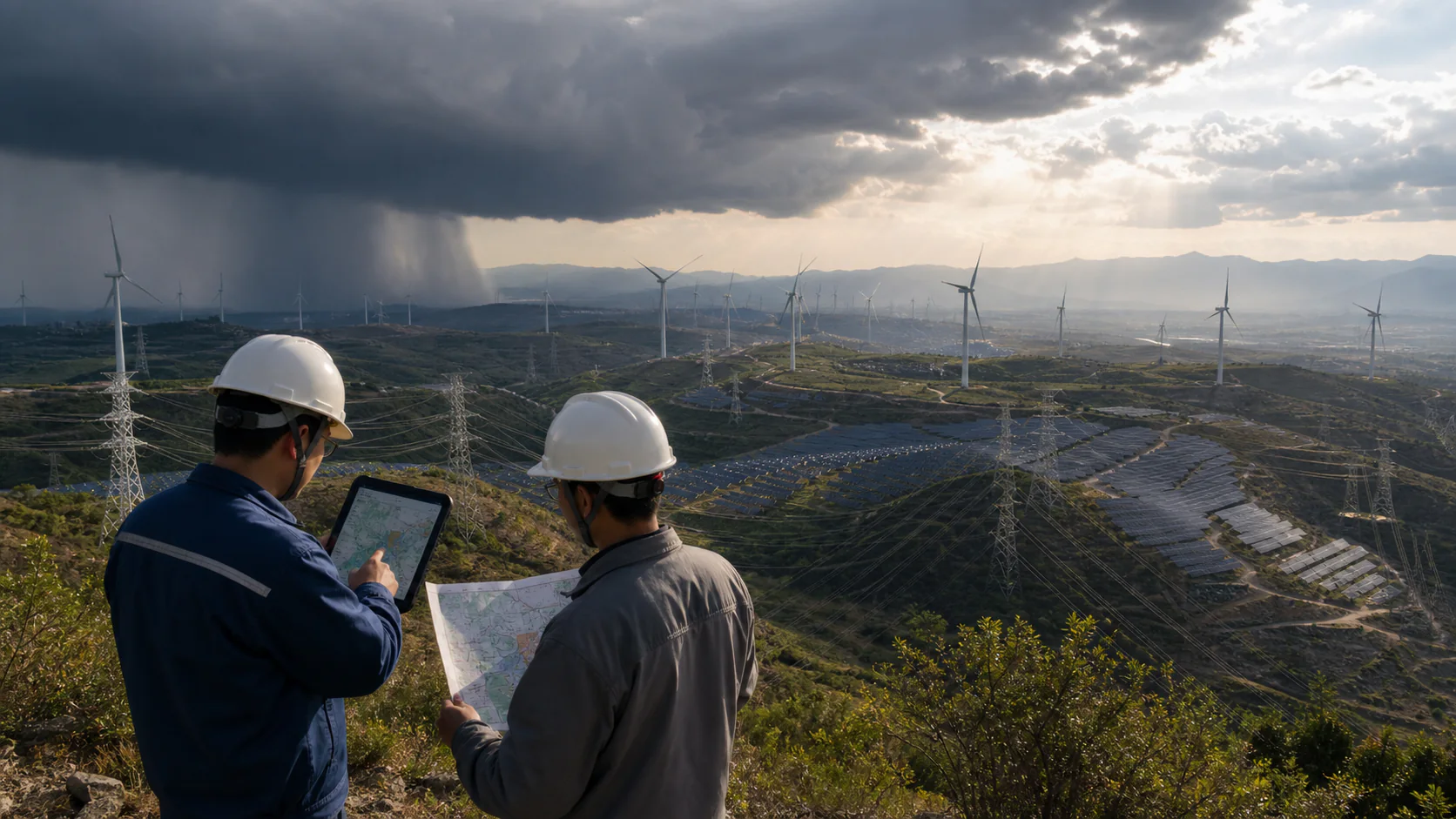 Grid engineers review a regional network map above wind, solar, and transmission infrastructure split between a storm front and clear sky.