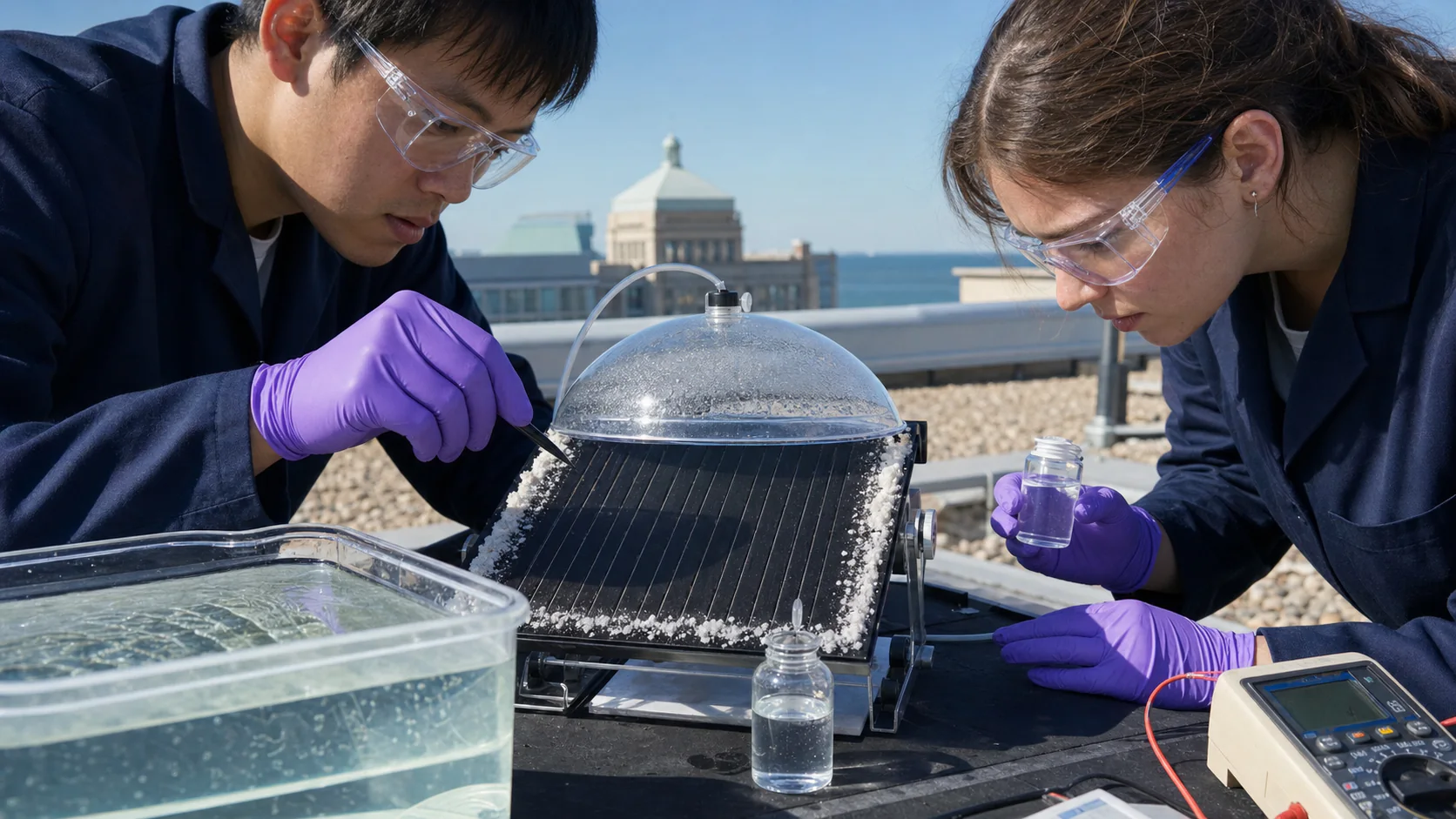 Researchers inspect a small black-metal solar desalination prototype with salt crystals at its edges and fresh-water collection equipment on a rooftop.