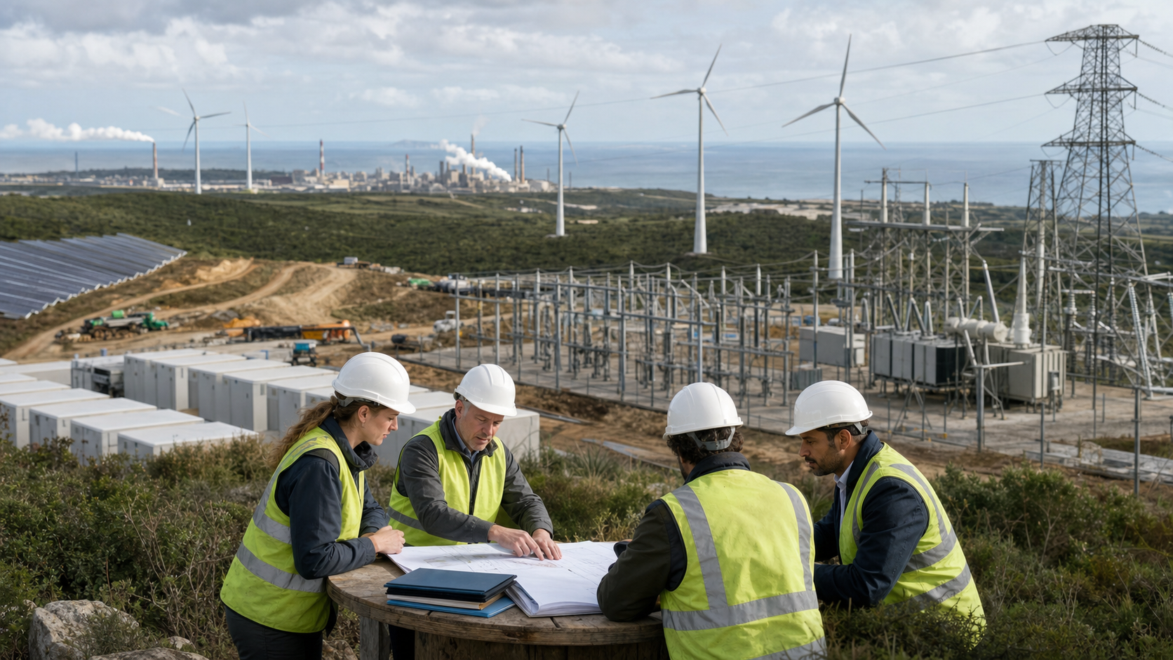Engineers review construction plans above a new substation, battery storage, wind and solar infrastructure, with fossil facilities in the distance.
