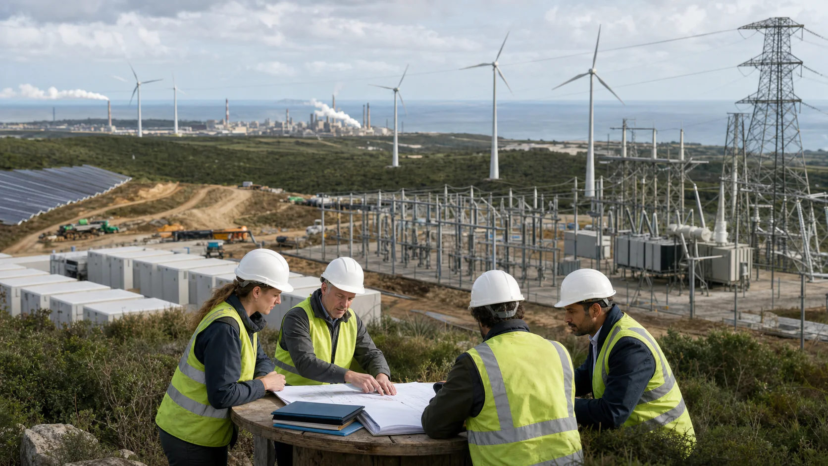 Engineers review construction plans above a new substation, battery storage, wind and solar infrastructure, with fossil facilities in the distance.
