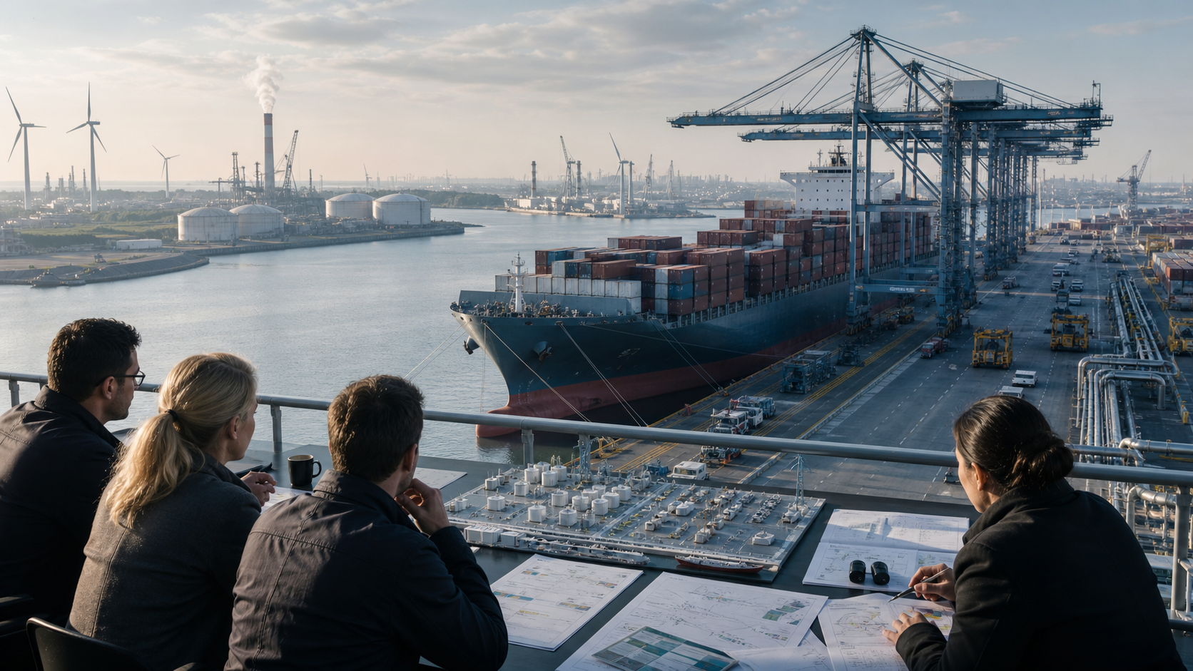 Maritime analysts study a port model above a working container terminal while considering whole-lifecycle fuel and infrastructure choices.
