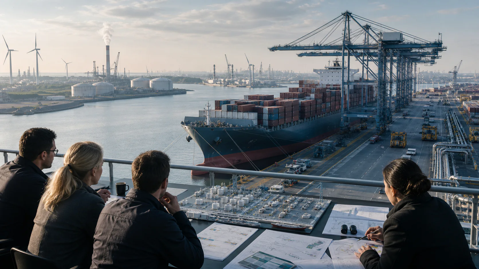 Maritime analysts study a port model above a working container terminal while considering whole-lifecycle fuel and infrastructure choices.