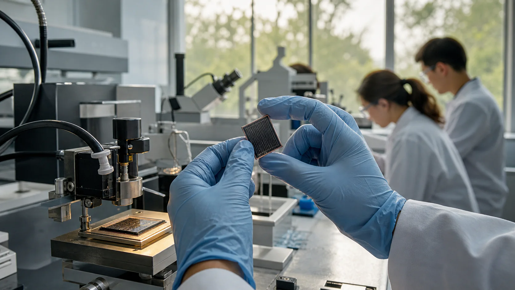 Gloved researchers inspect a small tandem solar test cell on a precision bench in a daylight-filled materials laboratory operating in ordinary room air.