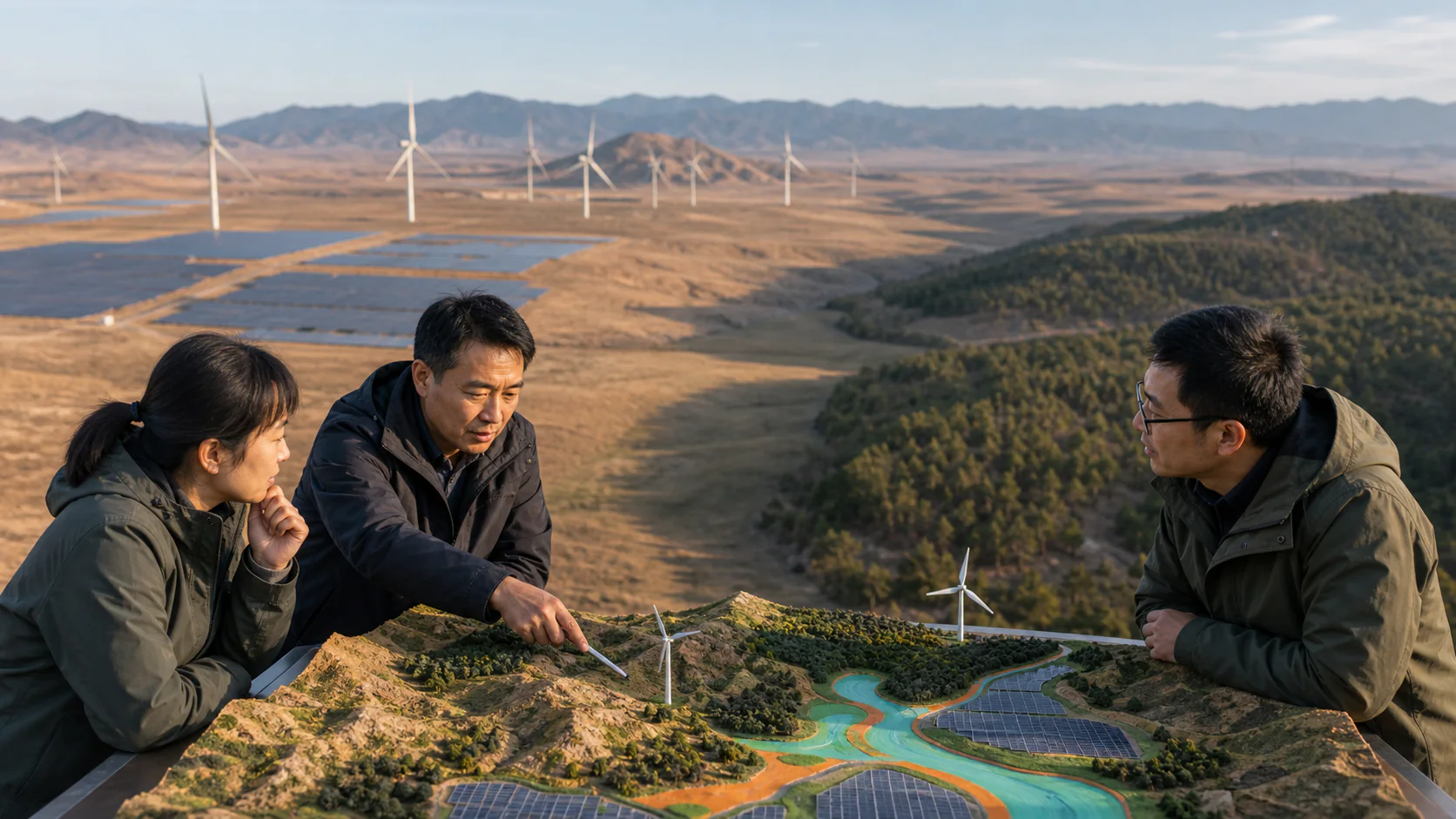 Energy and conservation planners compare a terrain model with wind and solar development beside a preserved corridor between dry and forested habitats in China.