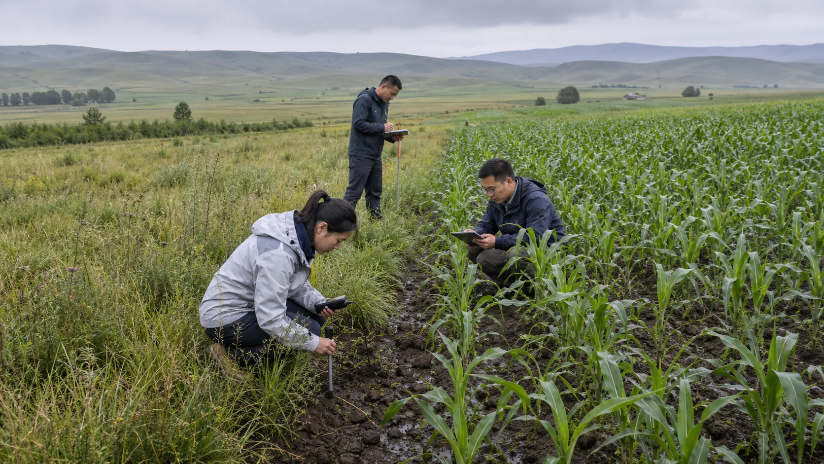 Field researchers measure soil and vegetation along the boundary between restored northern Chinese grassland and a working maize field after light rain.