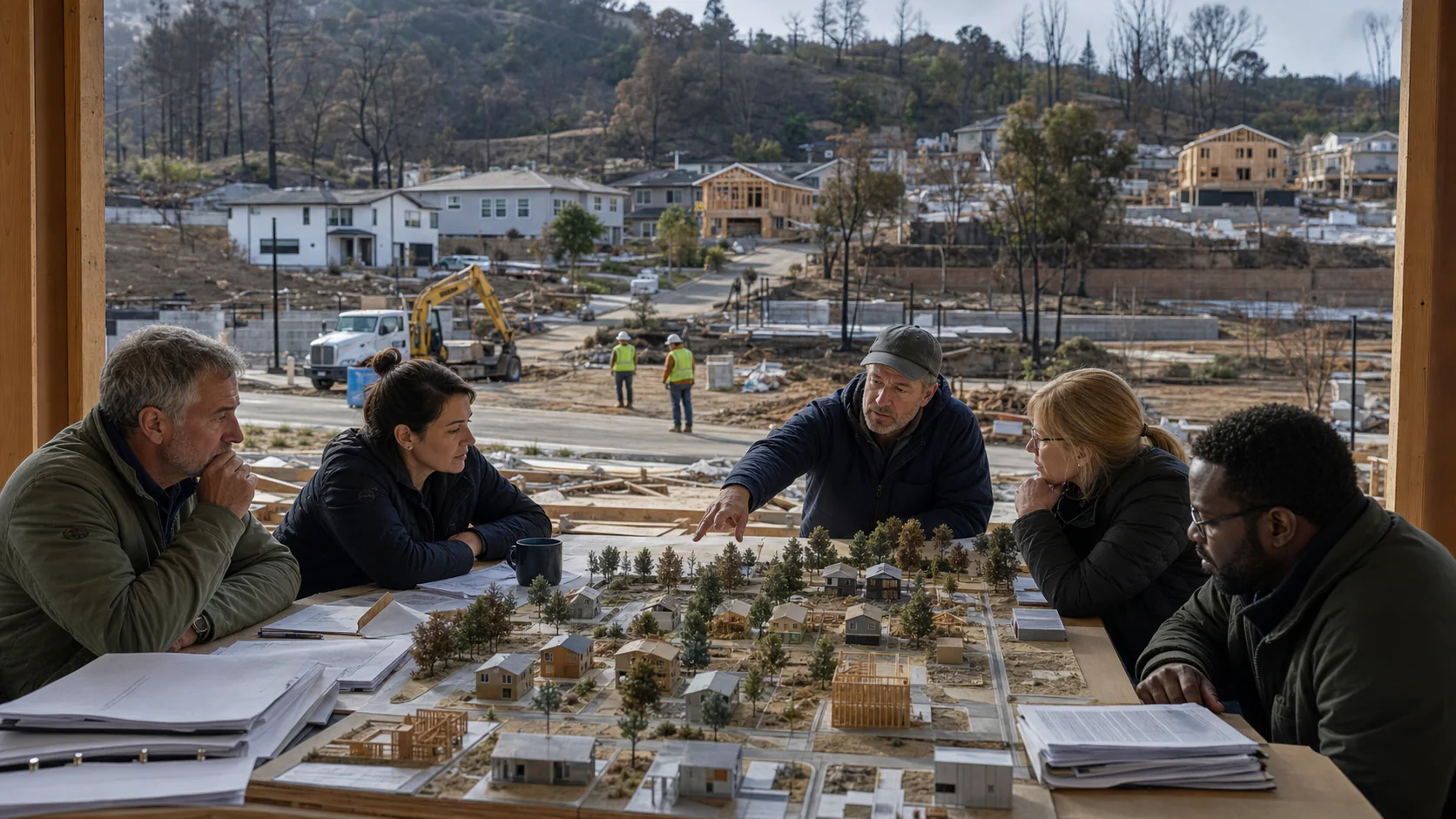 Community planners study a neighborhood recovery model while a fire-affected California hillside shows rebuilt homes, active construction, and vacant foundations.