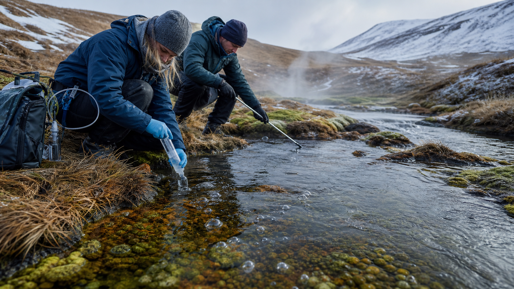 Freshwater researchers sample gas and streambed sediment in a cold high-latitude geothermally warmed stream where small natural bubbles rise through clear water.