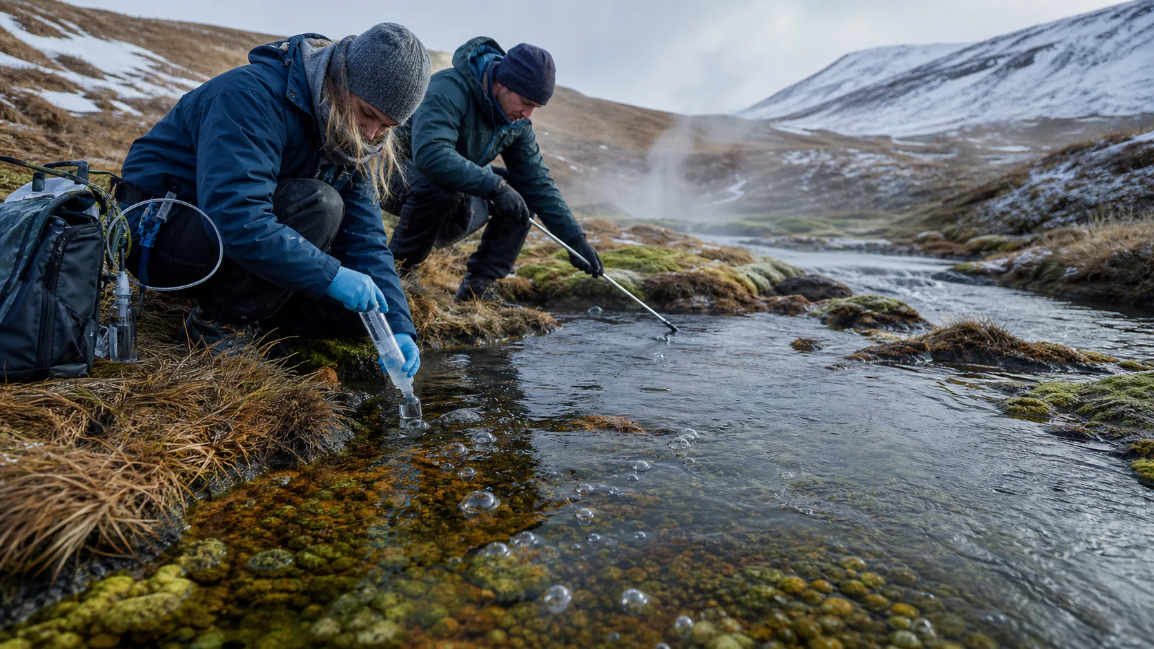 Freshwater researchers sample gas and streambed sediment in a cold high-latitude geothermally warmed stream where small natural bubbles rise through clear water.