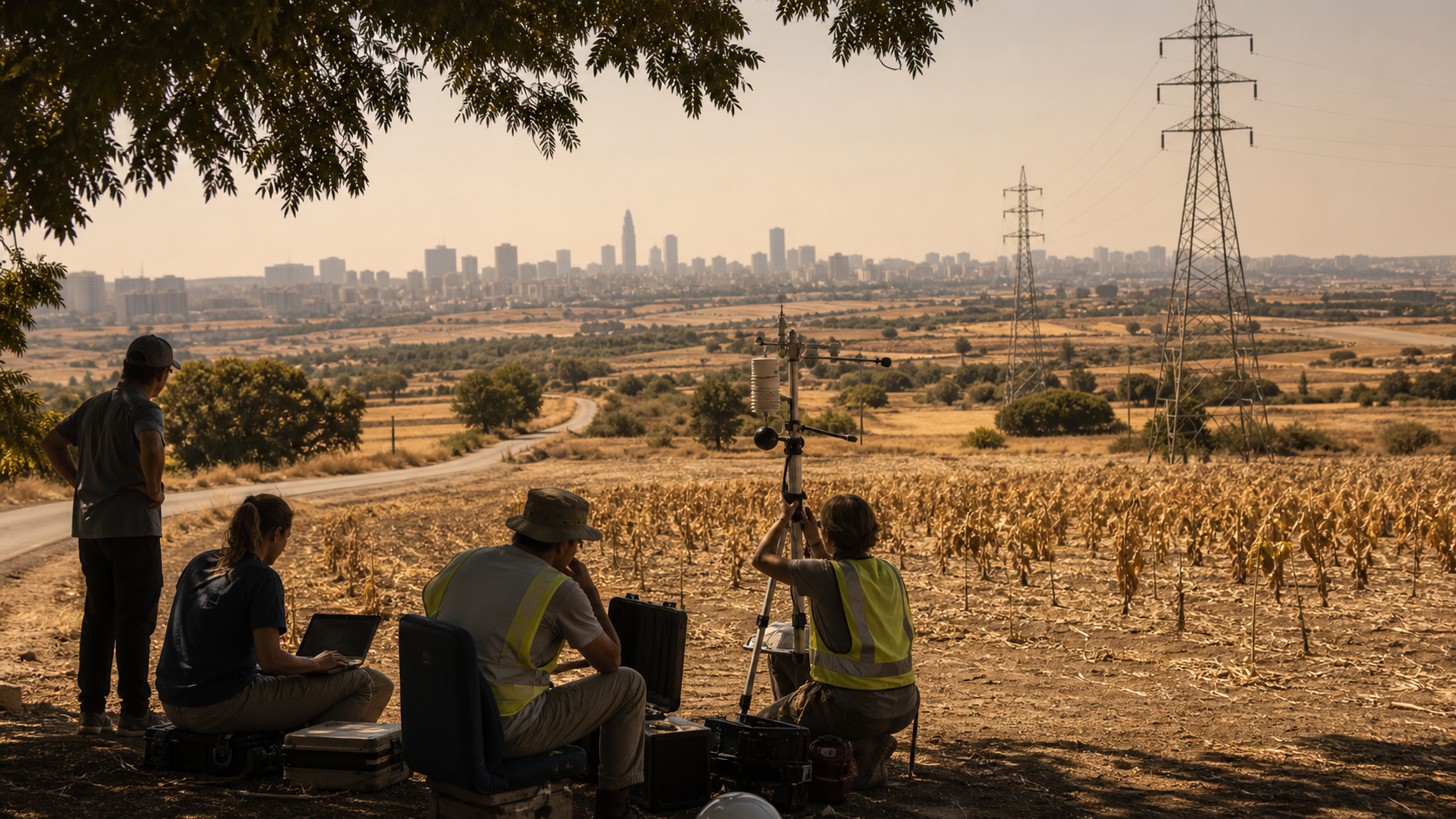 Climate-resilience researchers monitor heat conditions beside dry cropland, power lines, and a hazy European city during a prolonged modeled heat stress-test.