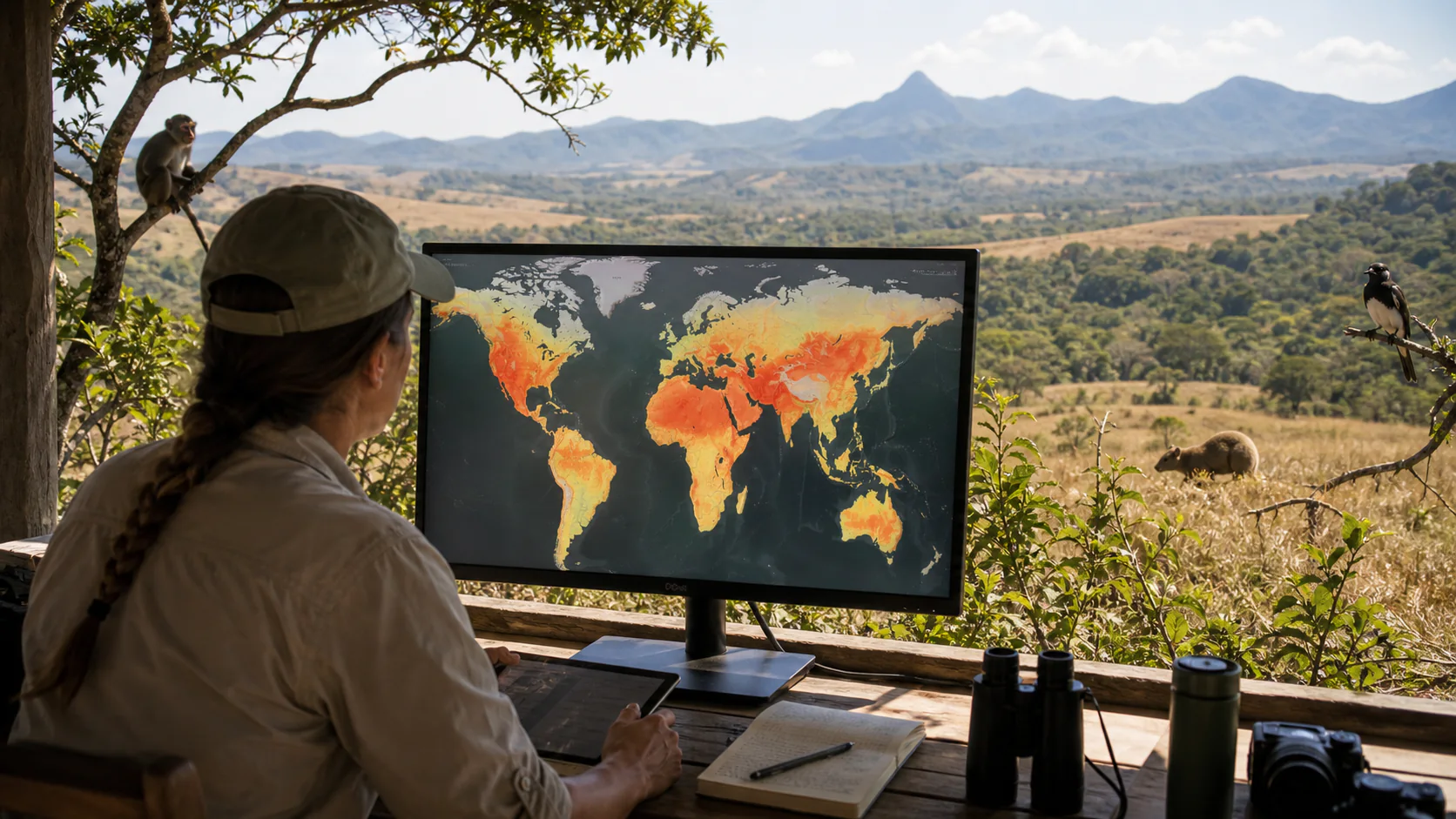 A conservation researcher reviews a seasonal heat-risk map at a field station while vertebrate wildlife remain in surrounding forest and grassland habitat.